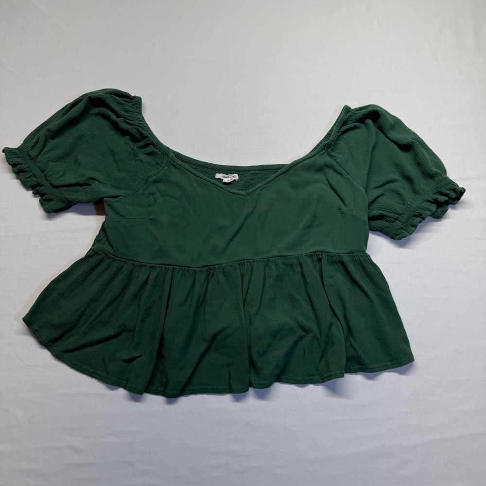 O'Neill Green Babydoll Peplum Top XL Boho Cottagecore‎ Puff Sleeve Cottagecore